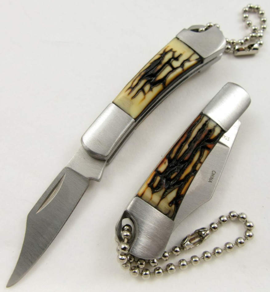 Folding Pocket Knife Keychain | 2" Mini Stainless Blade Simulated Bone Handle