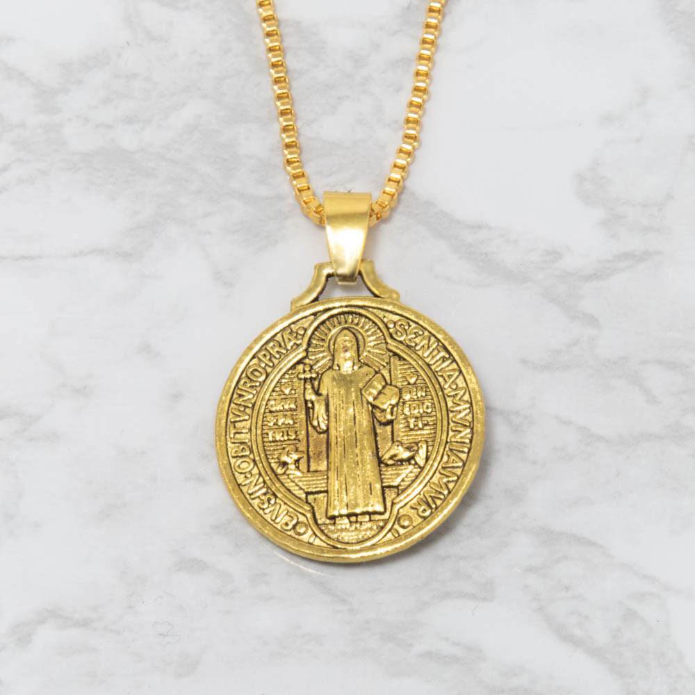 Gold Jesus Crucifix Saint St Benedict Medal Cross Pendant Necklace 24" Box Chain