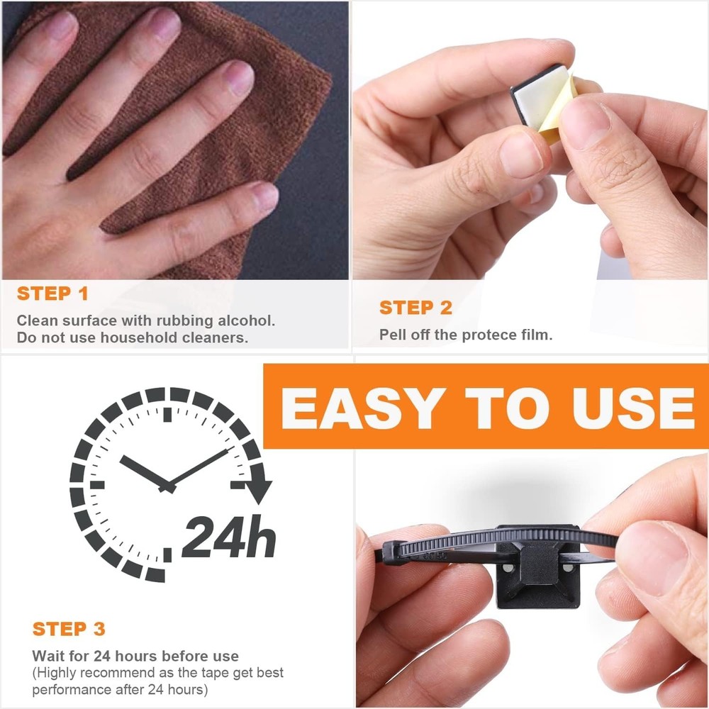 Cable Tie Base Holders Kit - 50 Pack Adhesive Mounts