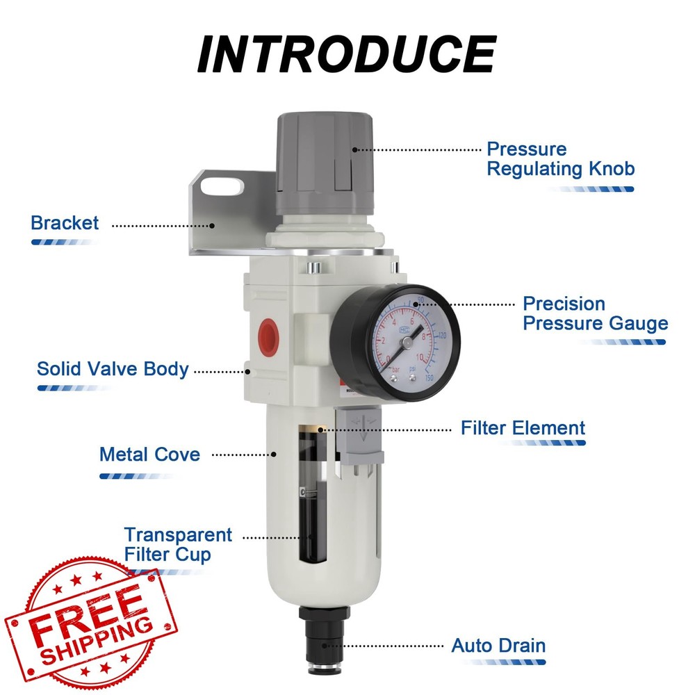 1/2"NPT Air Filter Regulator Combo, 5 Micron, Auto Drain