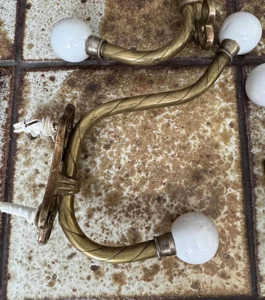 Vintage Large Brass Wall Double Hooks Porcelain Knobs Victorian Style