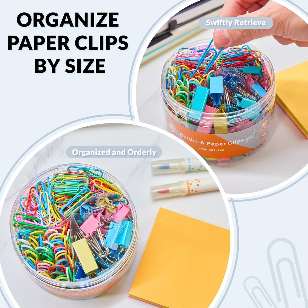 300pcs Paper Clips & Binder Clips Assorted Sizes with 100 Sheets Sticky Notes