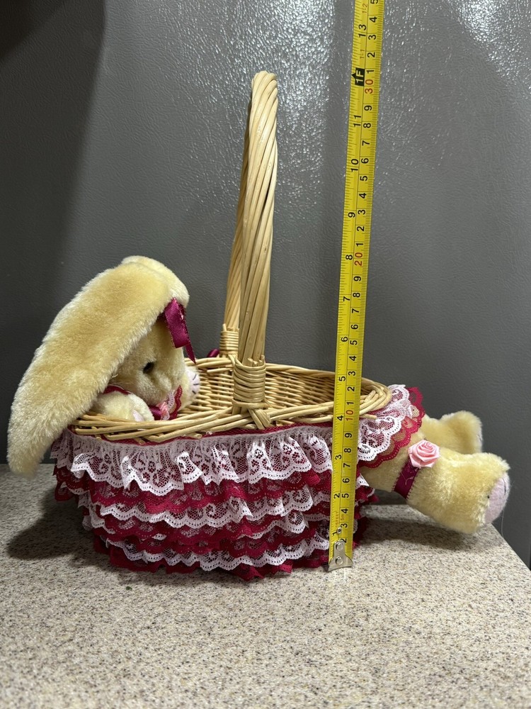 Handmade Stuffed Bunny Rabbit Basket Flowers Lace Easter in EUC
