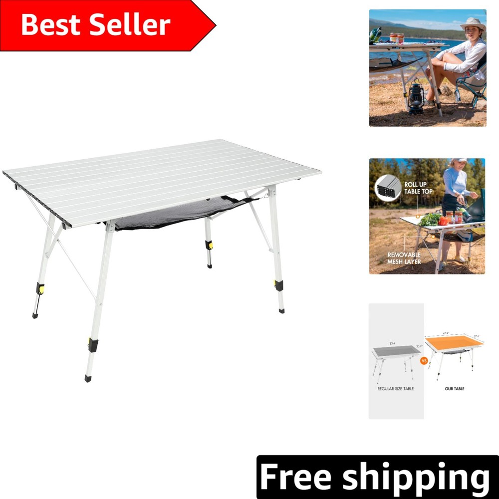 Extra Large Portable Aluminum Folding Camping Table - Adjustable Height, Silver