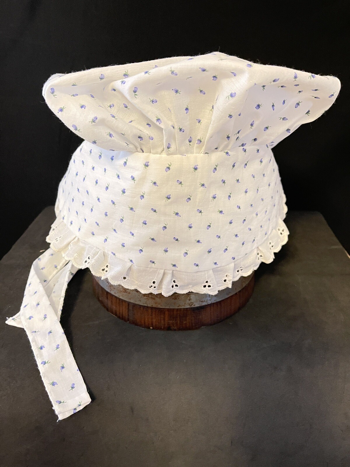 Vintage handmade thin Blue white Floral lace Colonial bonnet cap hat cottagecore