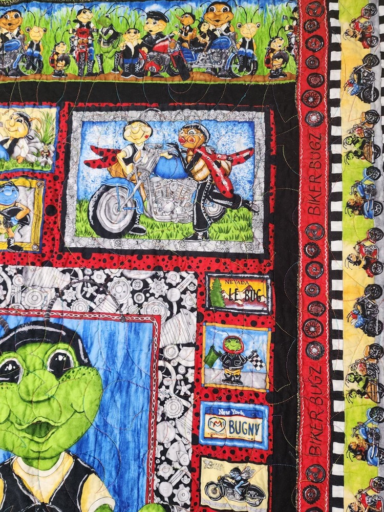 Vintage Motorcycle Biker Bugz Patchwork Reversible Quilt Throw 51" x 60"