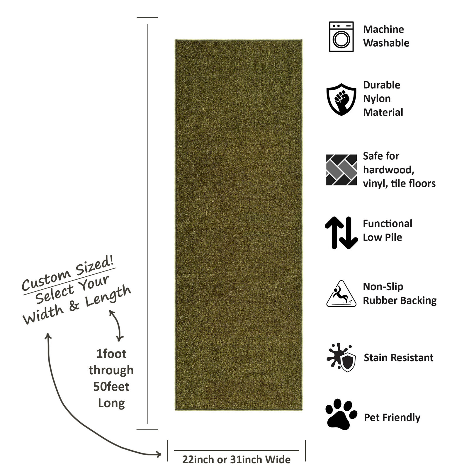 Custom Size SOLID ARMY GREEN Stair Hallway Runner Rug Non Slip Rubber Back