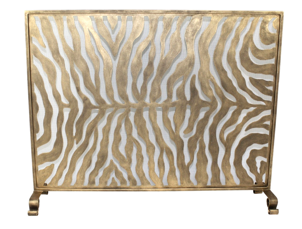Zebra Design Single Panel Fire Screen Burnished Gold Mesh Backing 38.5"W