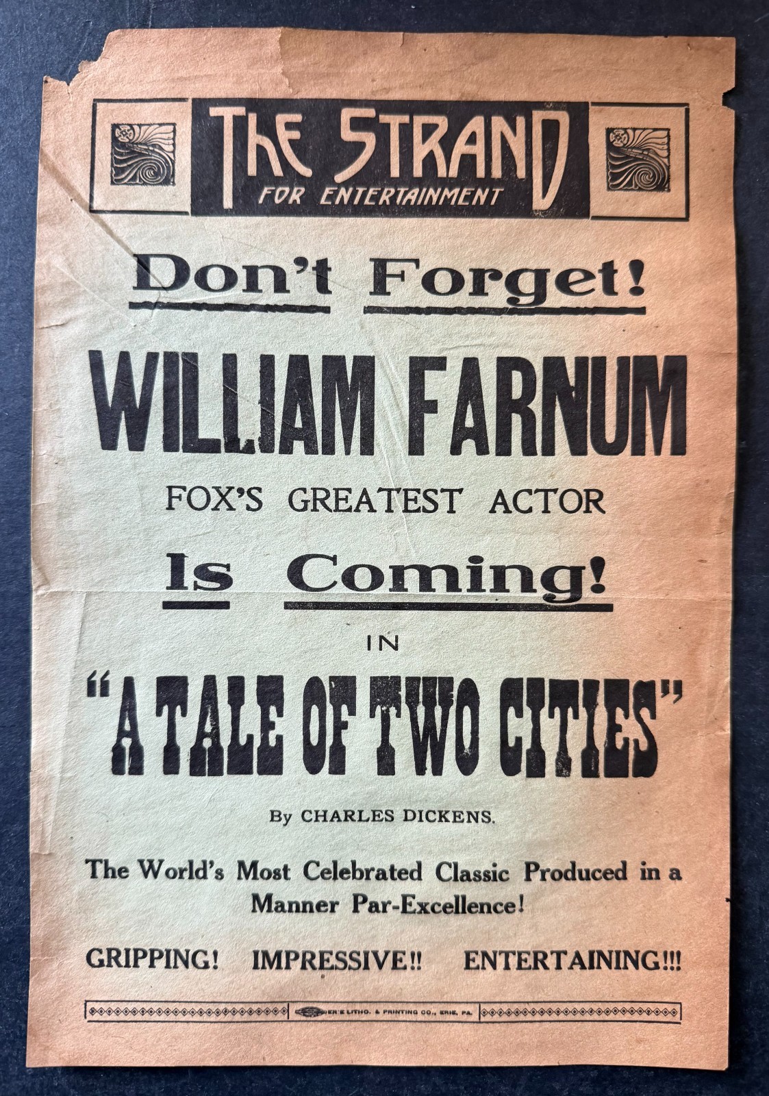 1917 A Tale Of Two Cities Promotional Movie Poster RMY LOA Strand Theatre Film