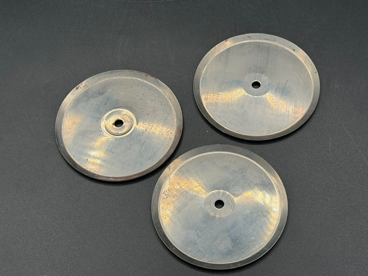 3 Vintage Chrome Concave Round Pull Knobs w/ Matching Backplates & Screws.