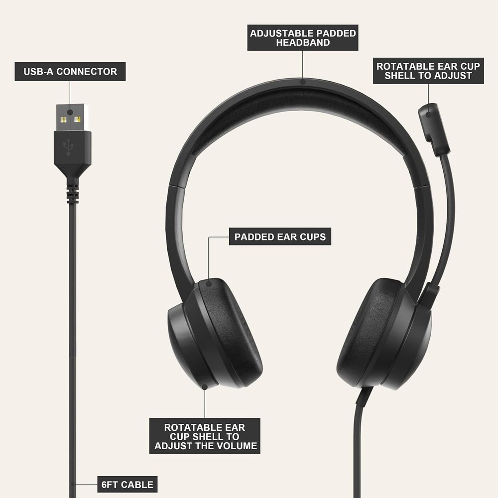 Headset with Microphone for PC, USB Headset with Noise Cancelling Microphone