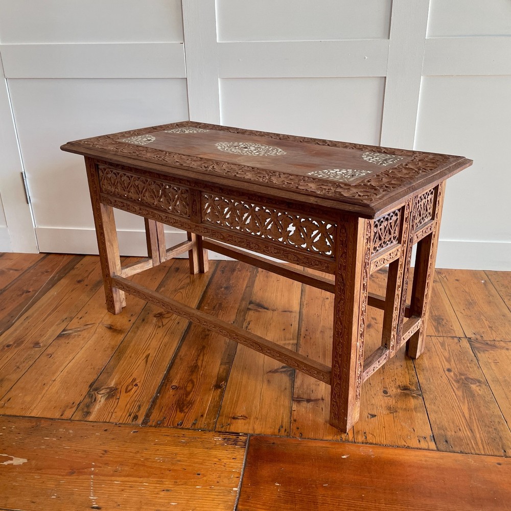 Indian Carved Folding Table Rectangular Coffee Table Inlaid Floral Pattern