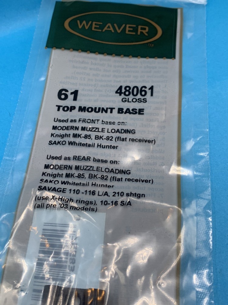 WEAVER 61 Top Mount Base Front Rear Rifle Scope Muzzle Loader Savage 48061 NEW