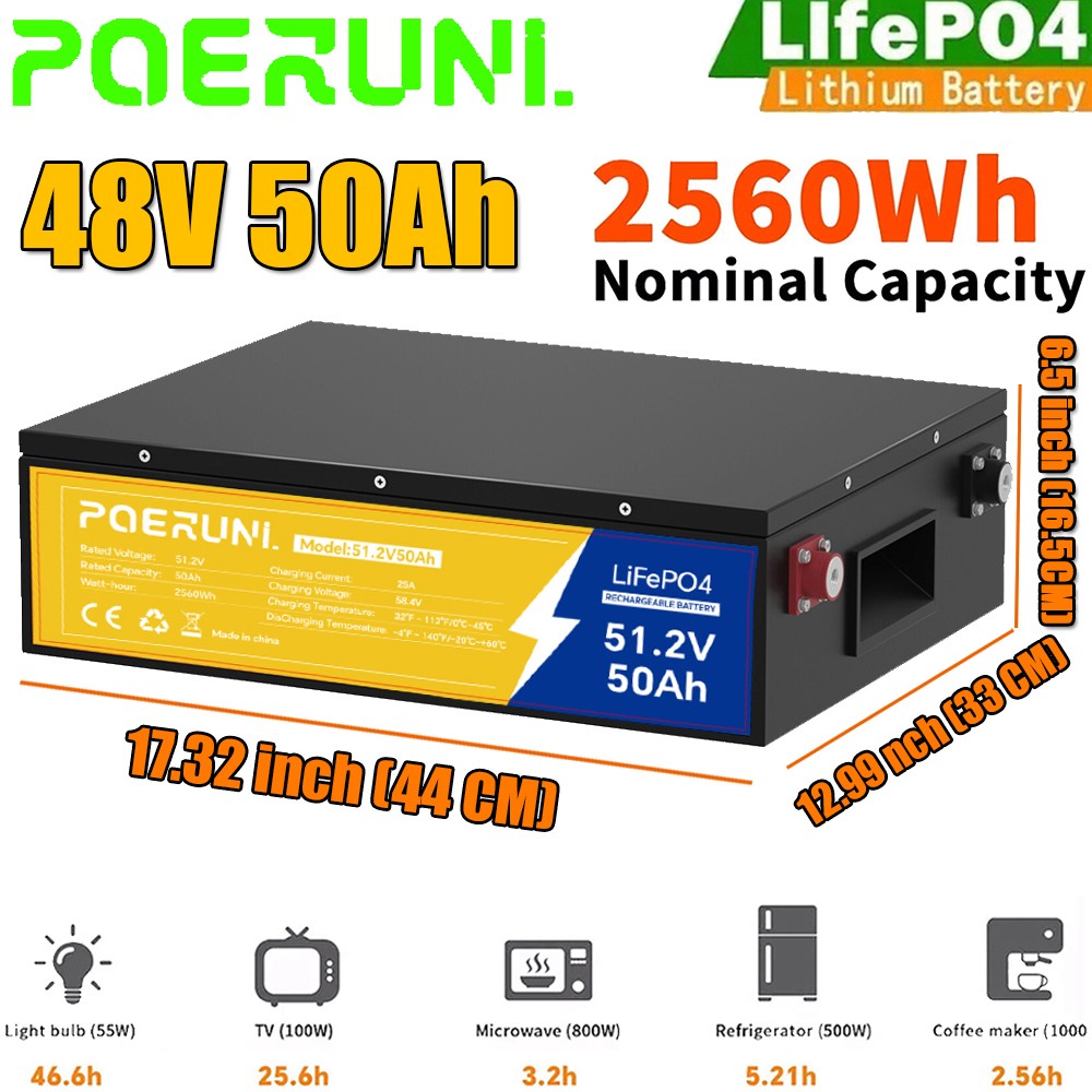 48V 50Ah LiFePO4 Lithium Battery 2560Wh Built-in BMS Deep Cycles For Golf Cart
