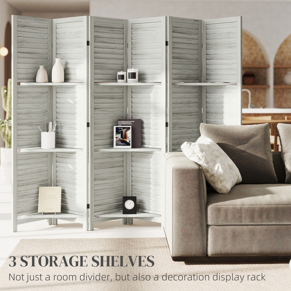 6 Panel Privacy Screen, Room Divider with 3 Shelves, White
