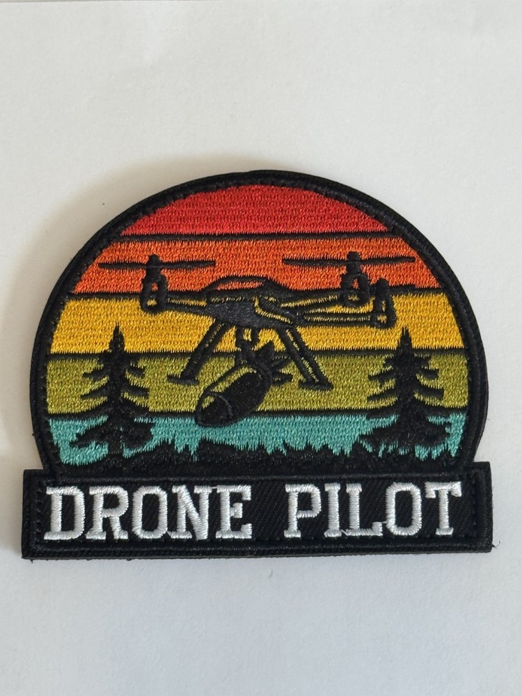 Drone Pilot Patch – Retro Sunset Forest Design Embroidered Tactical Hook & Loop