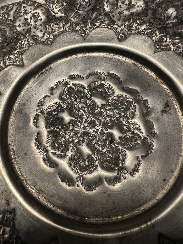 Middle Eastern Vintage 1940s Set Of 2 Silverplated Footed Repousse Plates, 6.5”