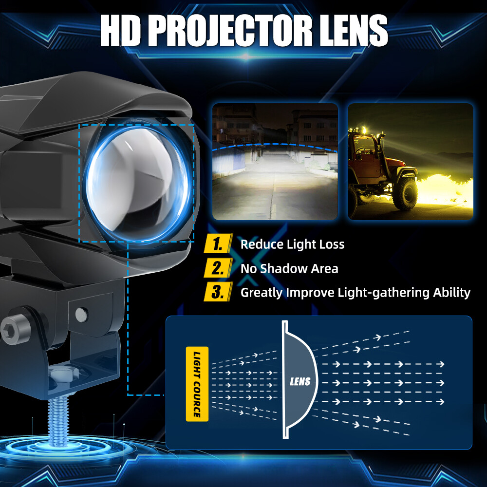 2x LED Spot Light Auxiliary Motorcycle Headlight Driving Fog Lamp Yellow+White