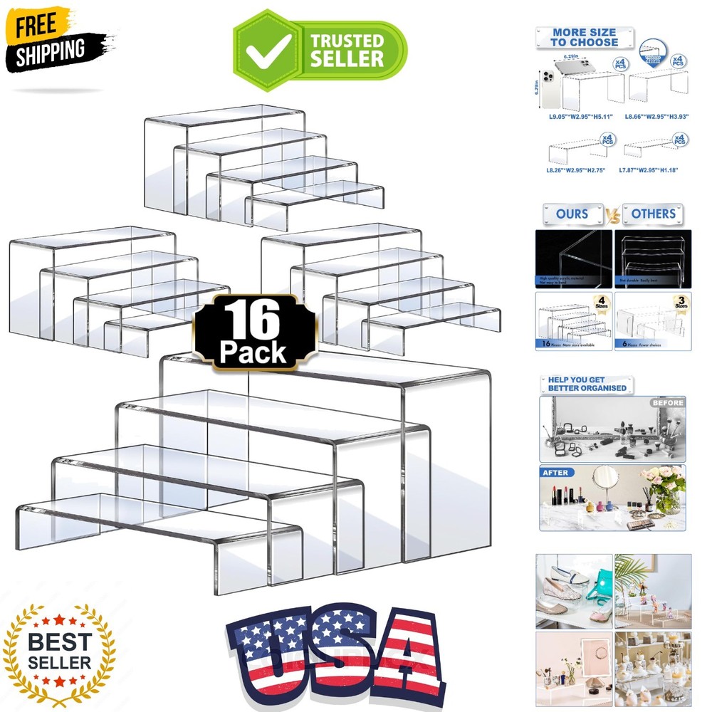 Display Risers, 16 Pcs 4 Set7”L~8”L~9”L Acrylic Riser Display Shelf, Clear Ri...