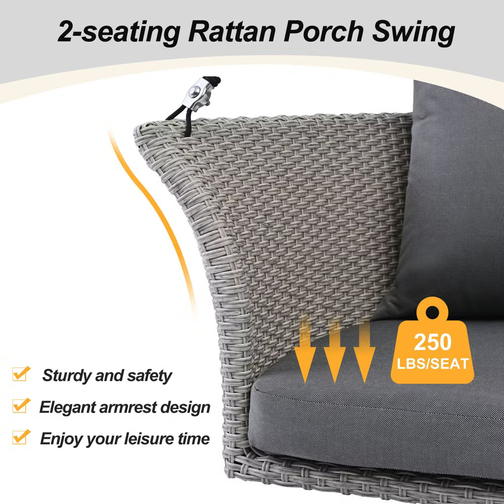 52"W Porch Swing, Patio 2-seat Rattan Hanging Seat with Seat and Back