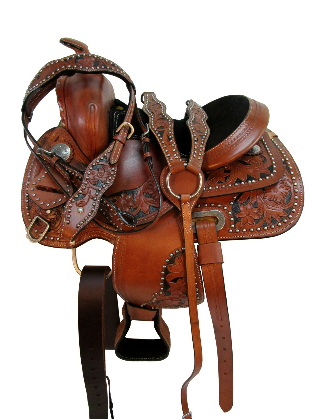 13 12 PONY WESTERN SADDLE PLEASURE FLORAL TOOLED LEATHER TRAIL BARREL RACING SET