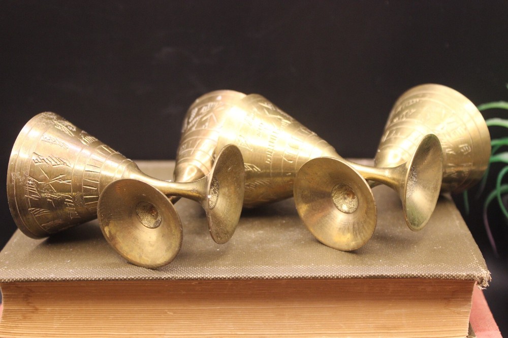 Brass Tea Pot Hinged Lid + 4 Goblets Indian Middle Eastern Service Set