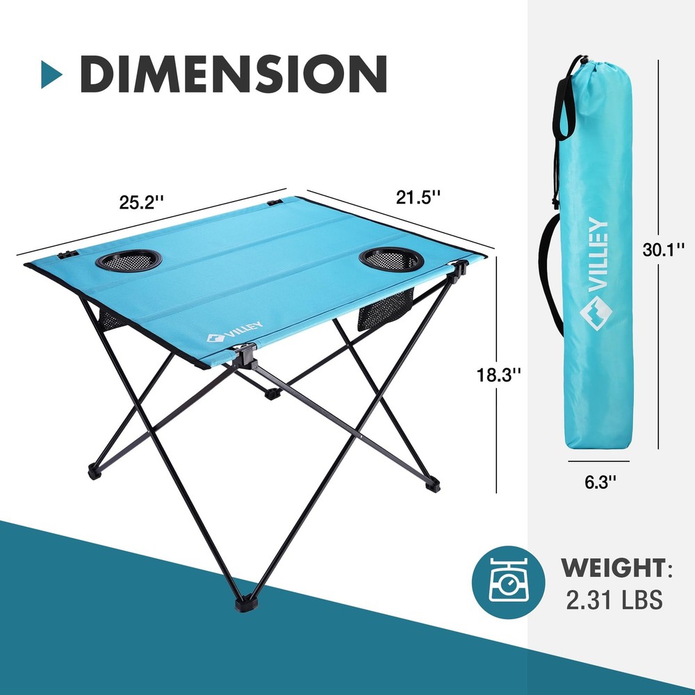 Folding Camping Table, Lightweight Portable Beach Table with 2 Cup Holders & ...