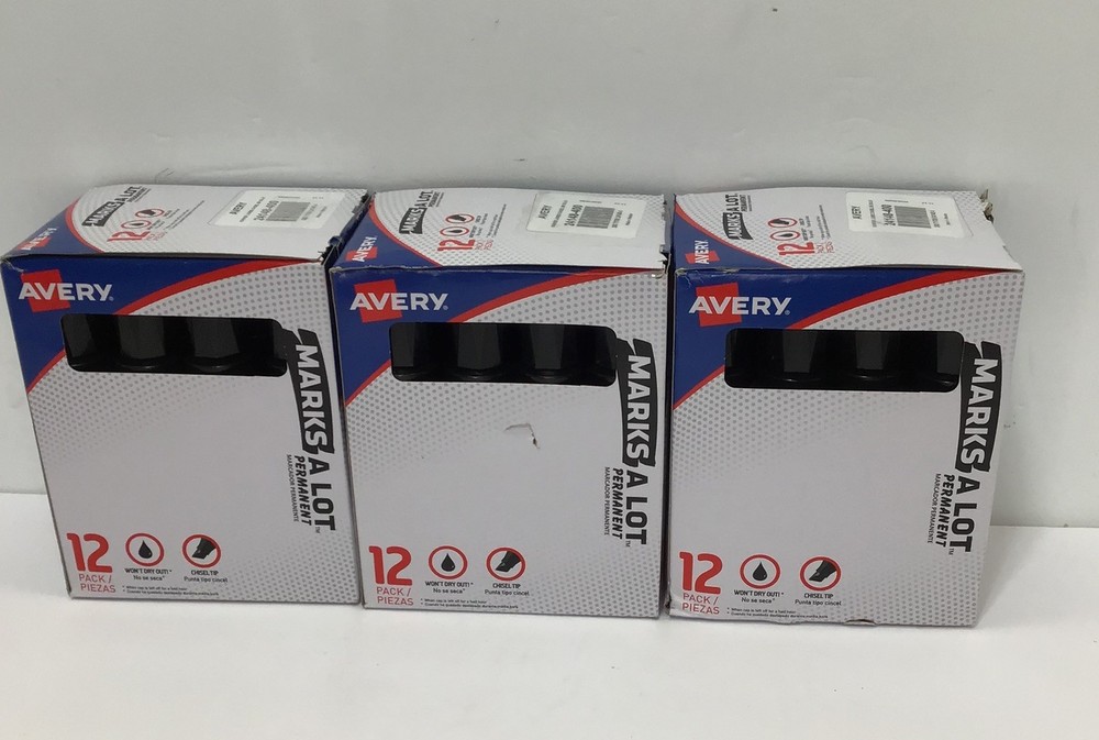 Avery Large Permanent Marker Marks A Lot Three boxes 36 Total Chisel Tip Black