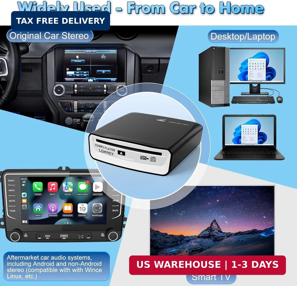 External Universal CD Player for Car - Portable Car CD Players with AUX Cable &