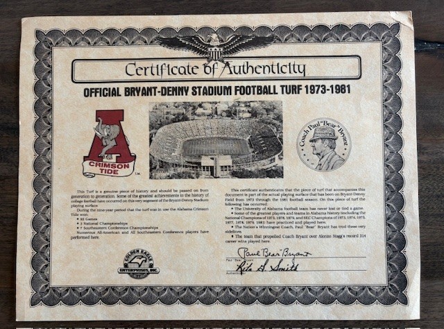 Alabama Crimson Tide Game Used Turf- Bear Bryant