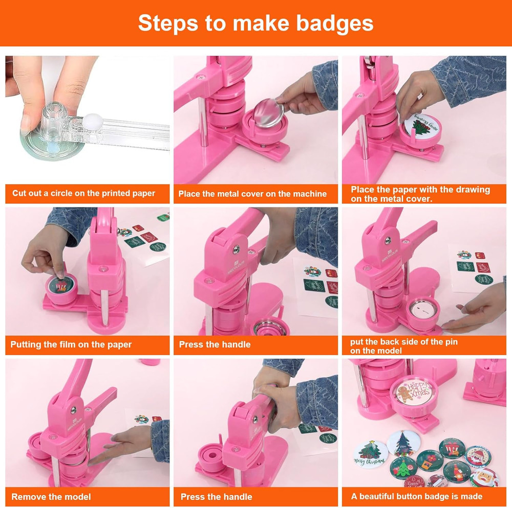 Versatile Button Maker Machine with 150 Supplies - DIY Pinback Buttons (Pink)