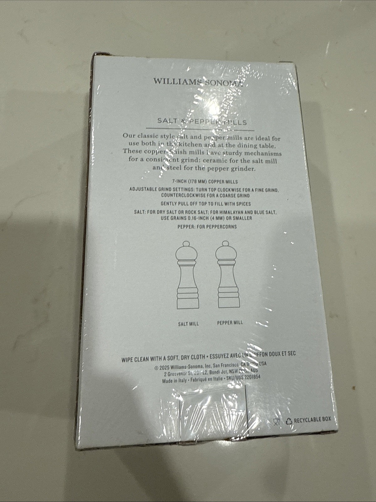 Williams Sonoma Polished Copper Salt & Pepper Mills Set, 7" MSRP $250