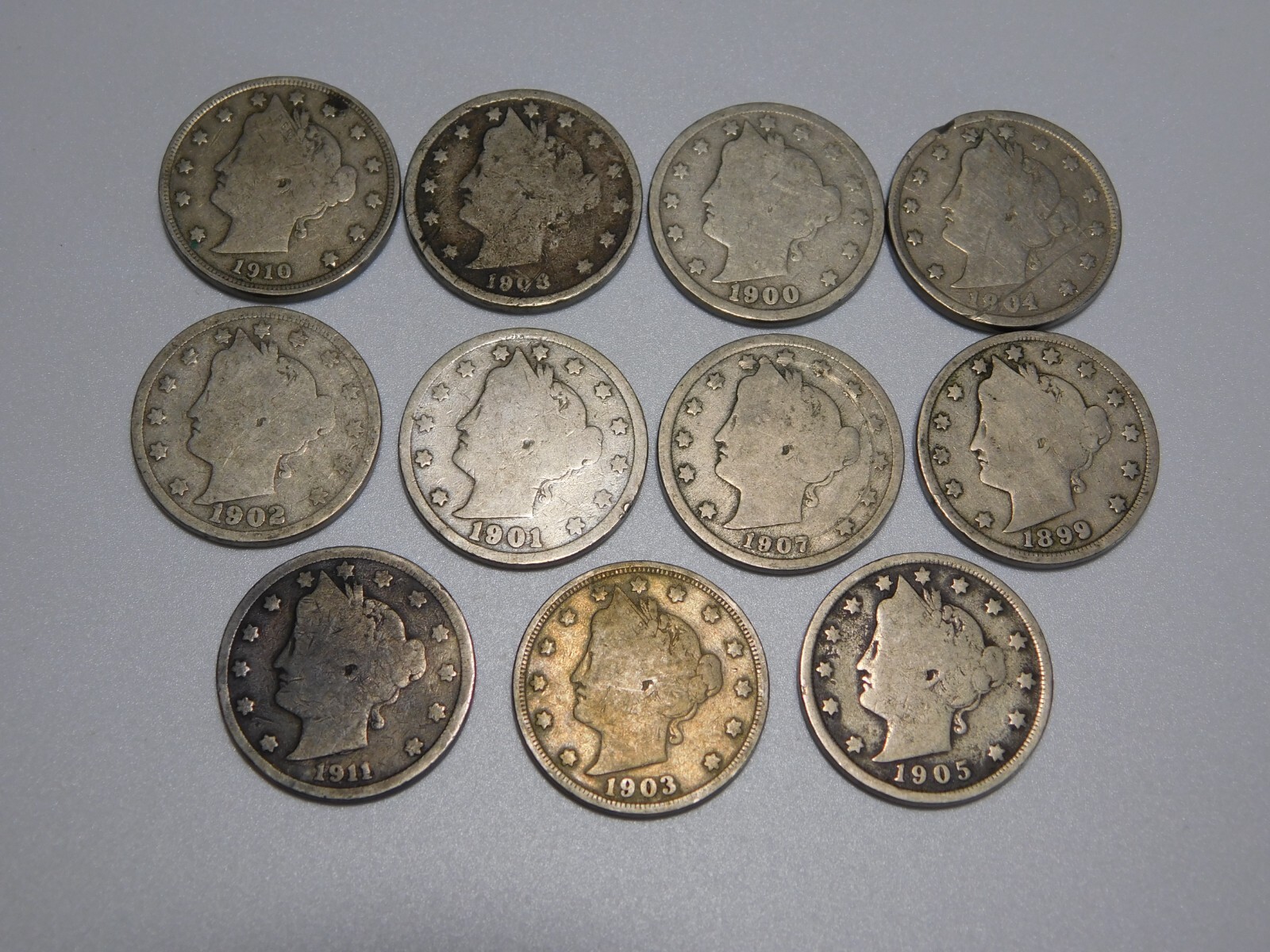 11 LIBERTY HEAD V NICKELS US COIN LOT 1899 1900-01-02-03-04-05-07-08-10-11