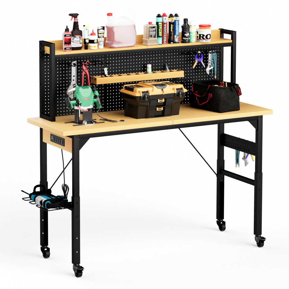 71'' Adjustable Workbench w/ Pegboard, Wheels & Power Outlets