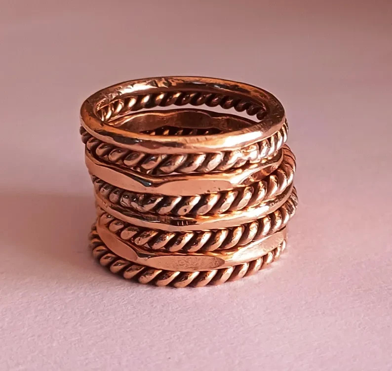 Handmade Solid Copper Ring Set: Stackable Textured Boho Rings