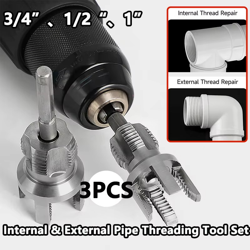 PVC Pipe Threading Tool Kit Internal & External Pipe Threader 3 PC Set