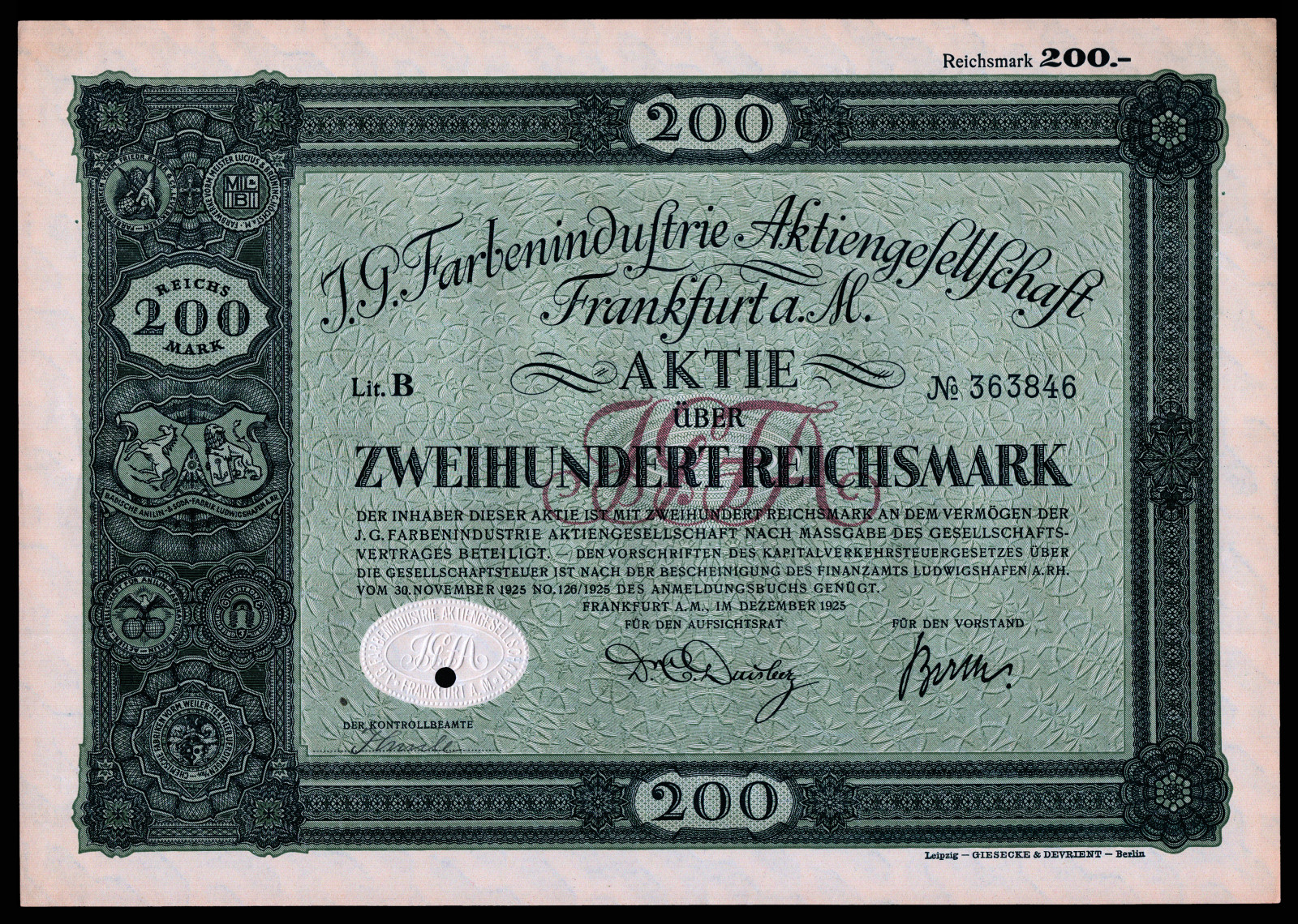 1925 IG Farben (of Zyklon B infamy) Initial Public Offering 2 Piece Stock Set F+