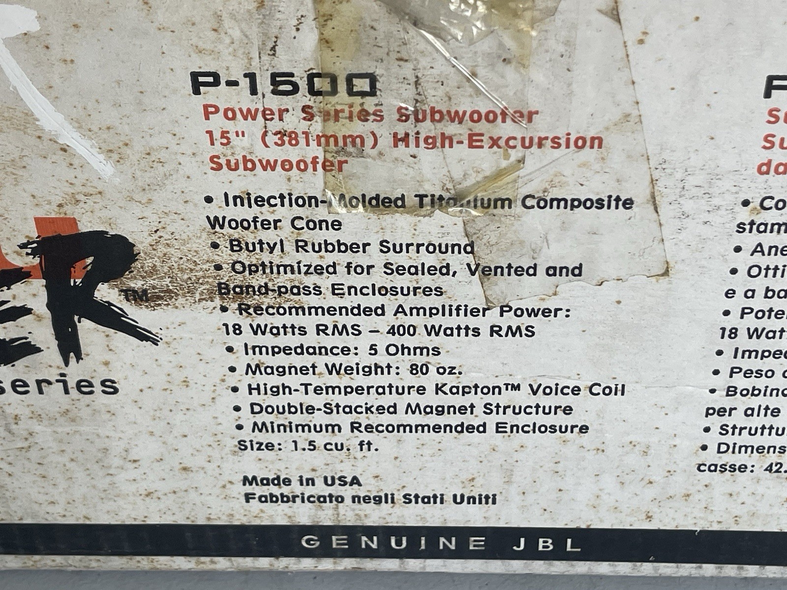 Vintage JBL P-1500 Power Series 15" Subwoofer in Box