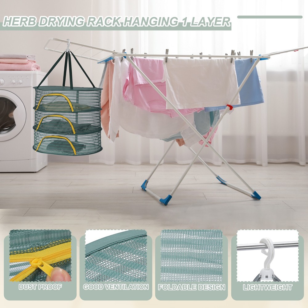 28" Herb Drying Rack Hanging 2 Layer Hanging Mesh Net with Zipper, Green