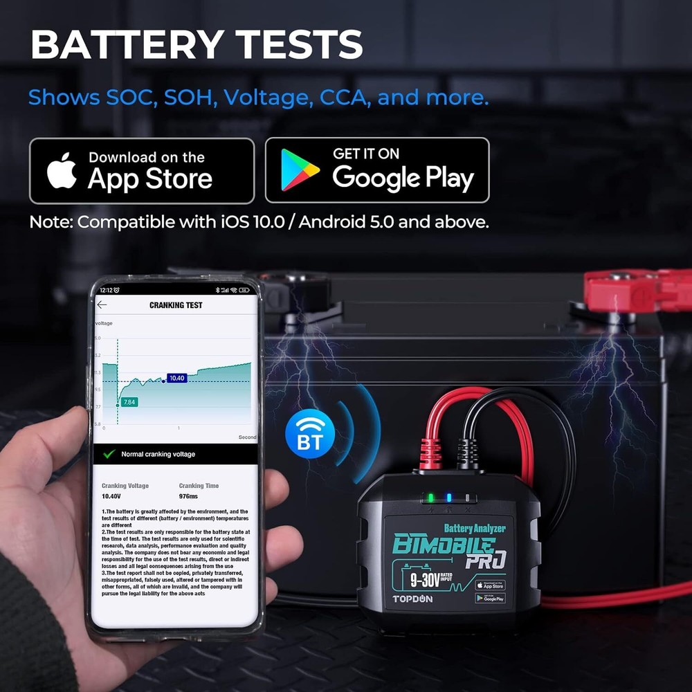 TOPDON BTMobile Pros Bluetooth Car Battery Analyzer 2000 CCA iOS Android App