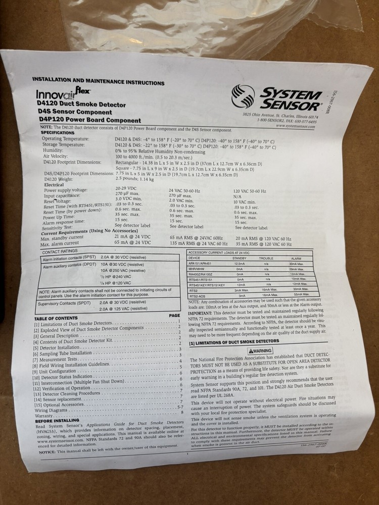 System Sensor 4-Wire Photoelectric Low-Flow Duct Smoke Detector D4120