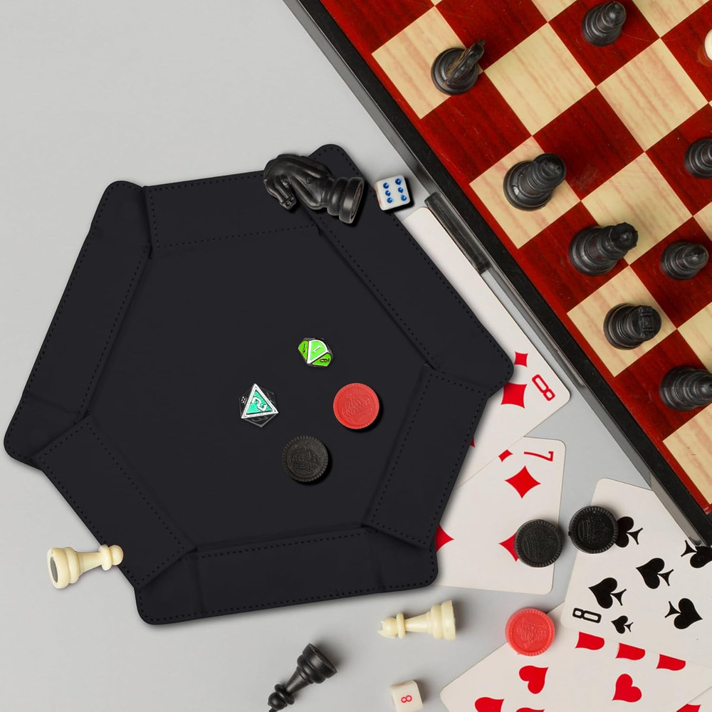 Magnetic Folding Dice Tray Hexagon Rolling PU Leather Black