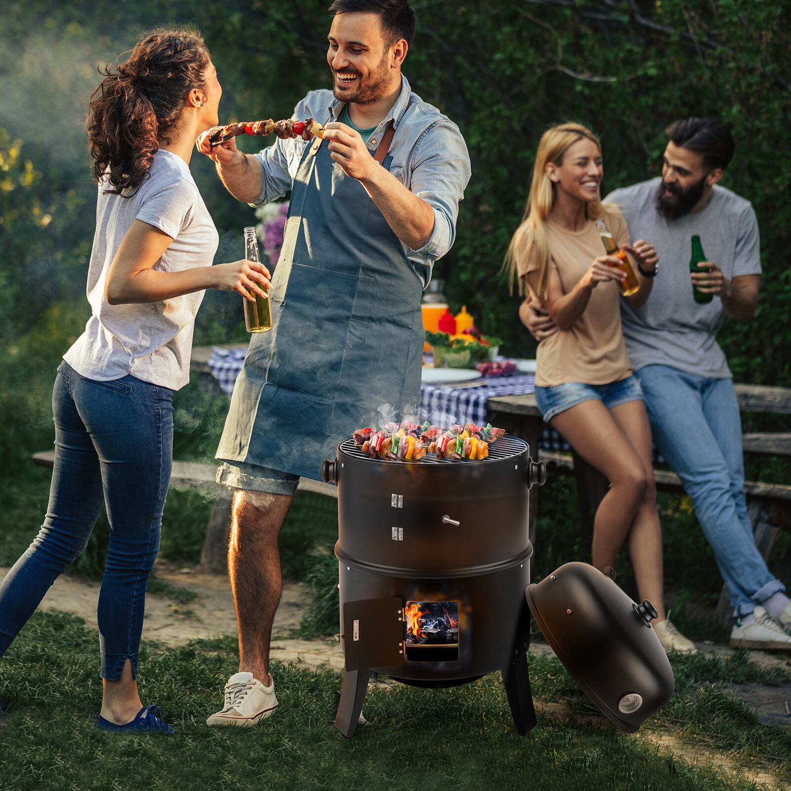32" Charcoal Smoker BBQ Grill 3IN1 Outdoor Vertical Smoke Portable Meat Cooker