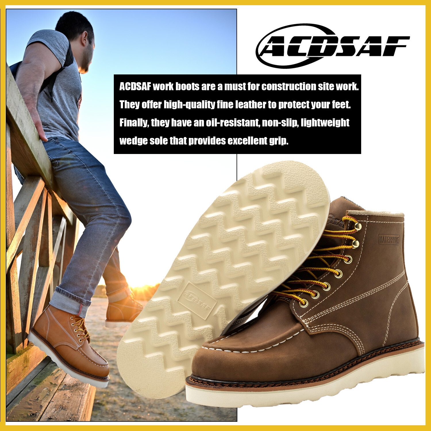 Work Boot Men's 6" Soft Toe Wedge Boots for Construction Lightweight leather