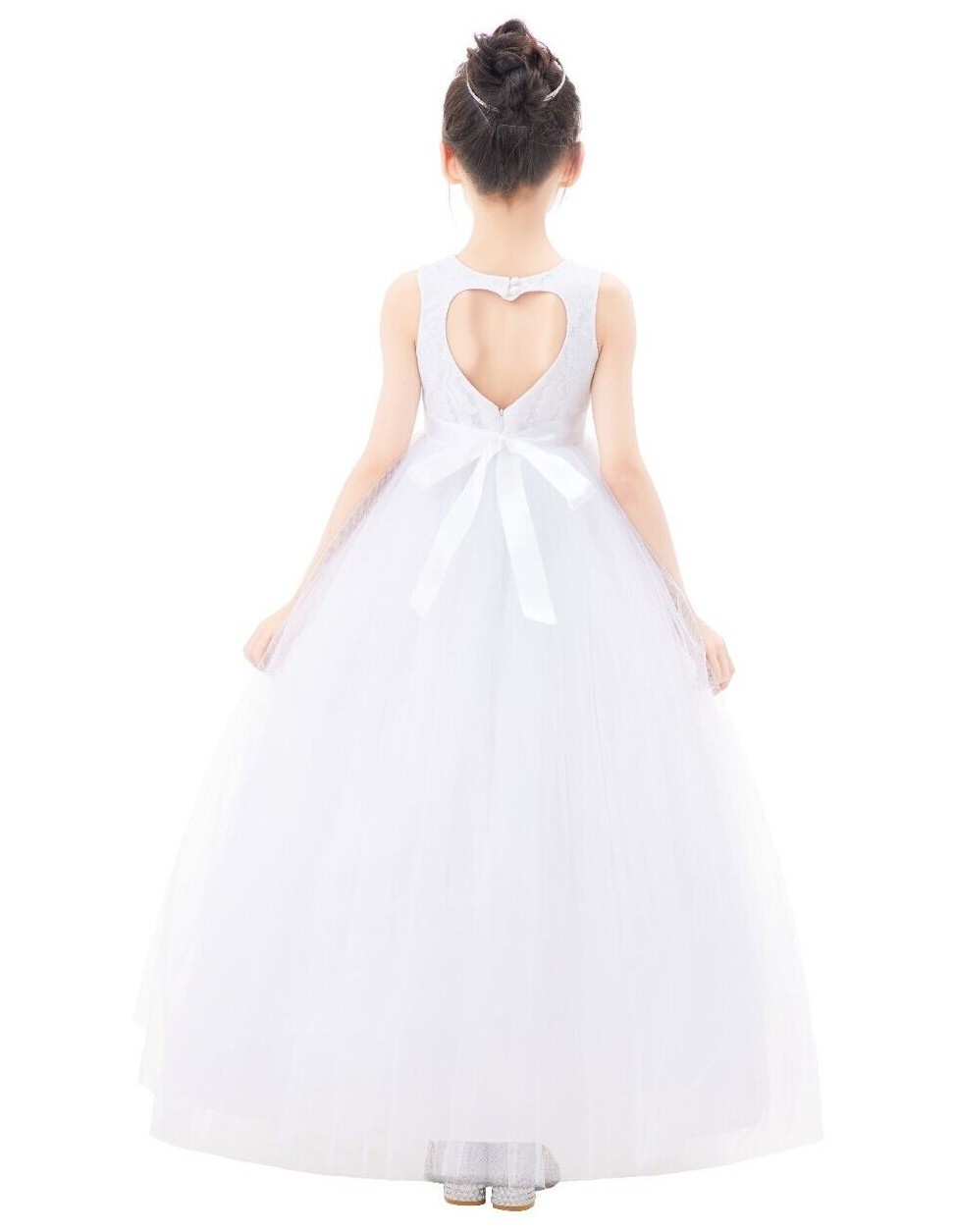 Heart Cutout Floral Lace Flower Girl Dress with Rhinestone Birthday Dresses