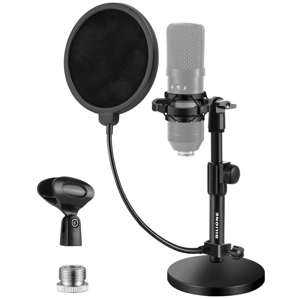 Multifunctional Desktop Microphone Stand, Adjustable Mic Stand Desk with Pop Fil