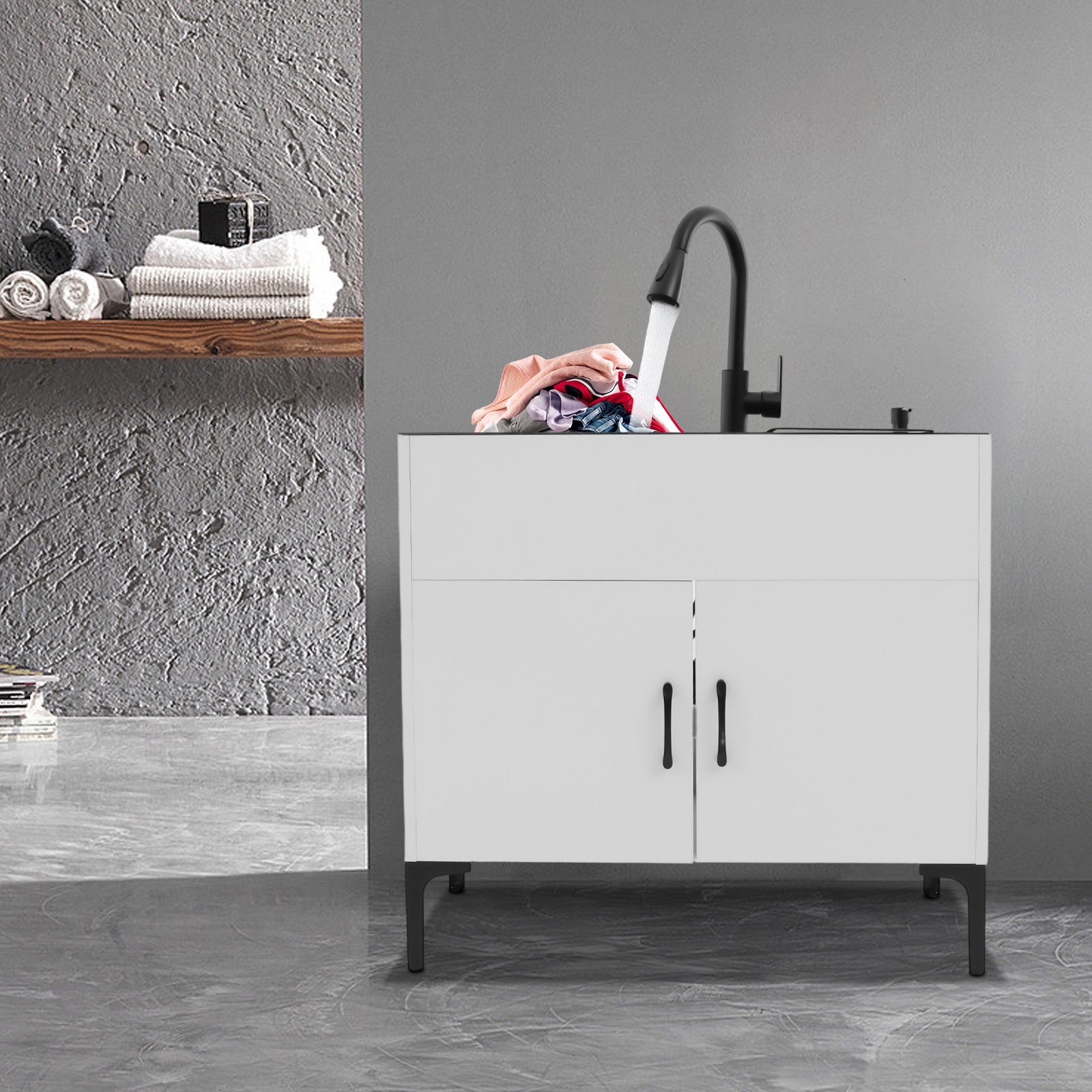 Stainless Steel Sink with Pull-Out Faucet and Cabinet Freestanding Kitchen Sink