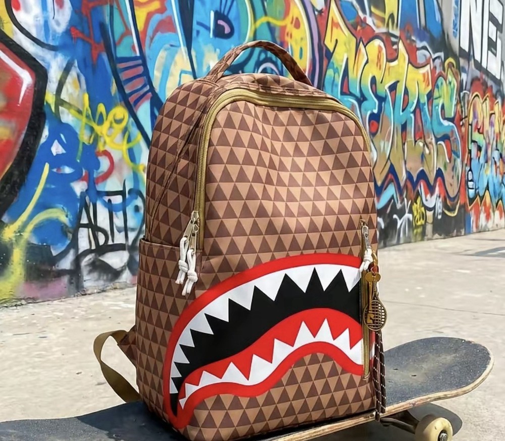 Sprayground Geometric Shark Kids Backpack Brown Gray Adjustable Straps