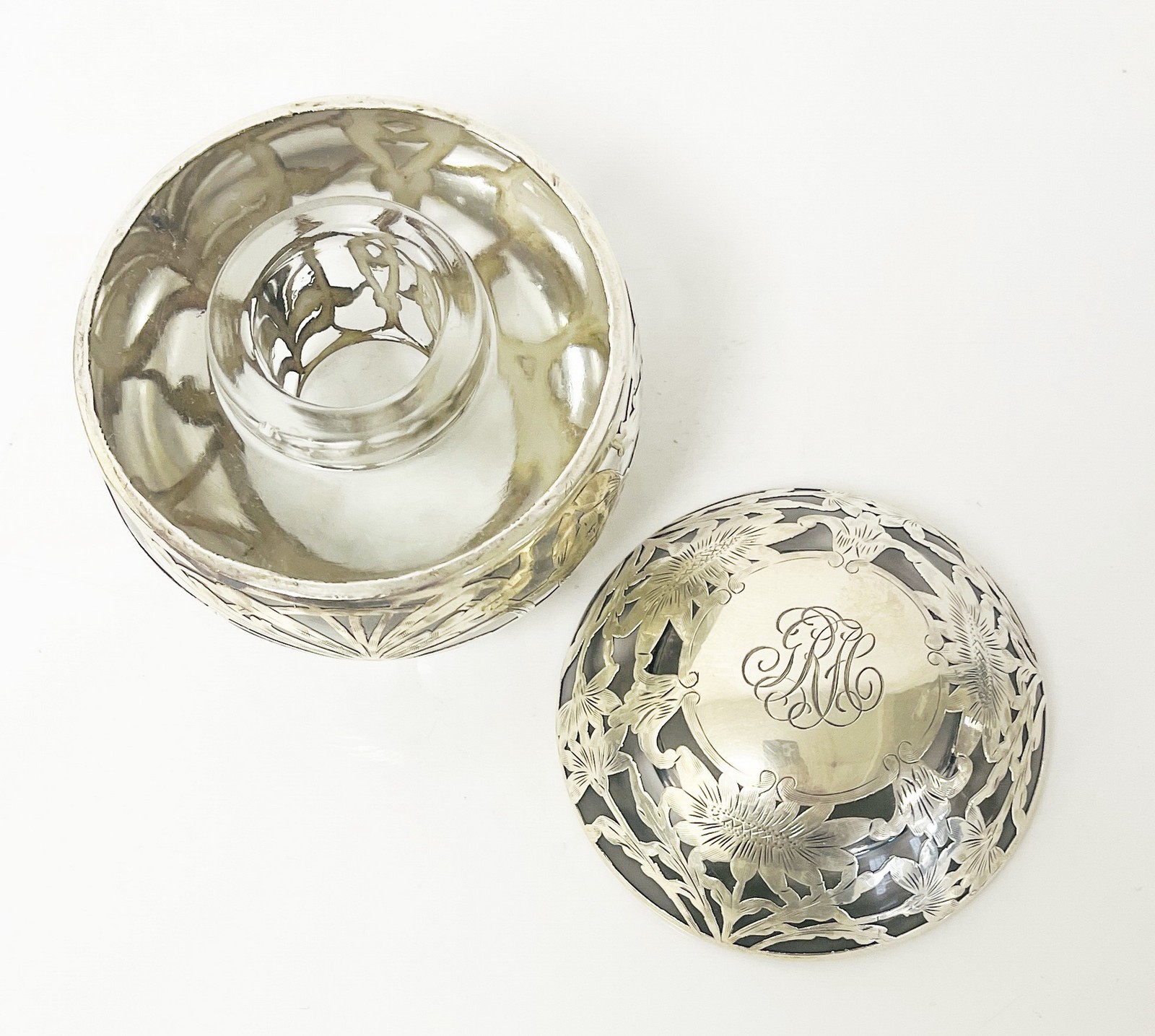 Antique Sterling Silver Overlay Art Nouveau Floral Ball Inkwell Monogram 3.5"