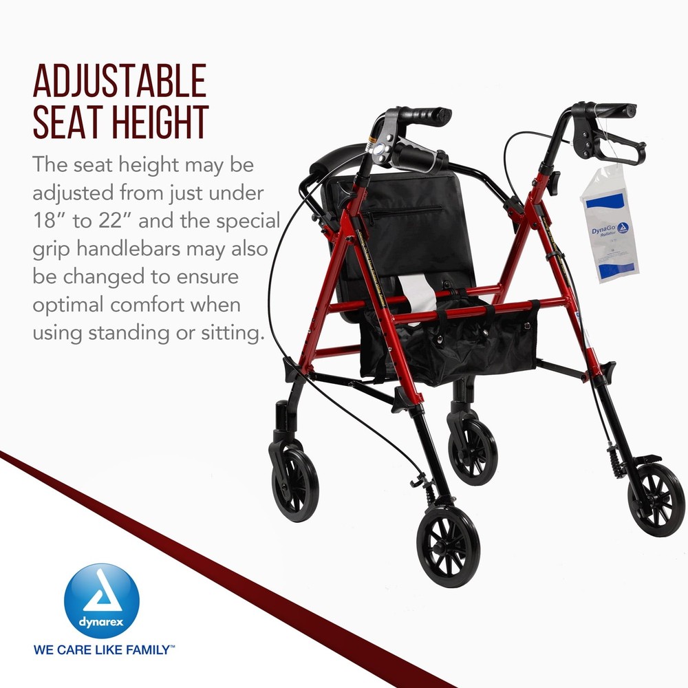 Dynarex DynaGo Flex Rollator, 6" Wheels, Adjustable Seat Height, Red Frame